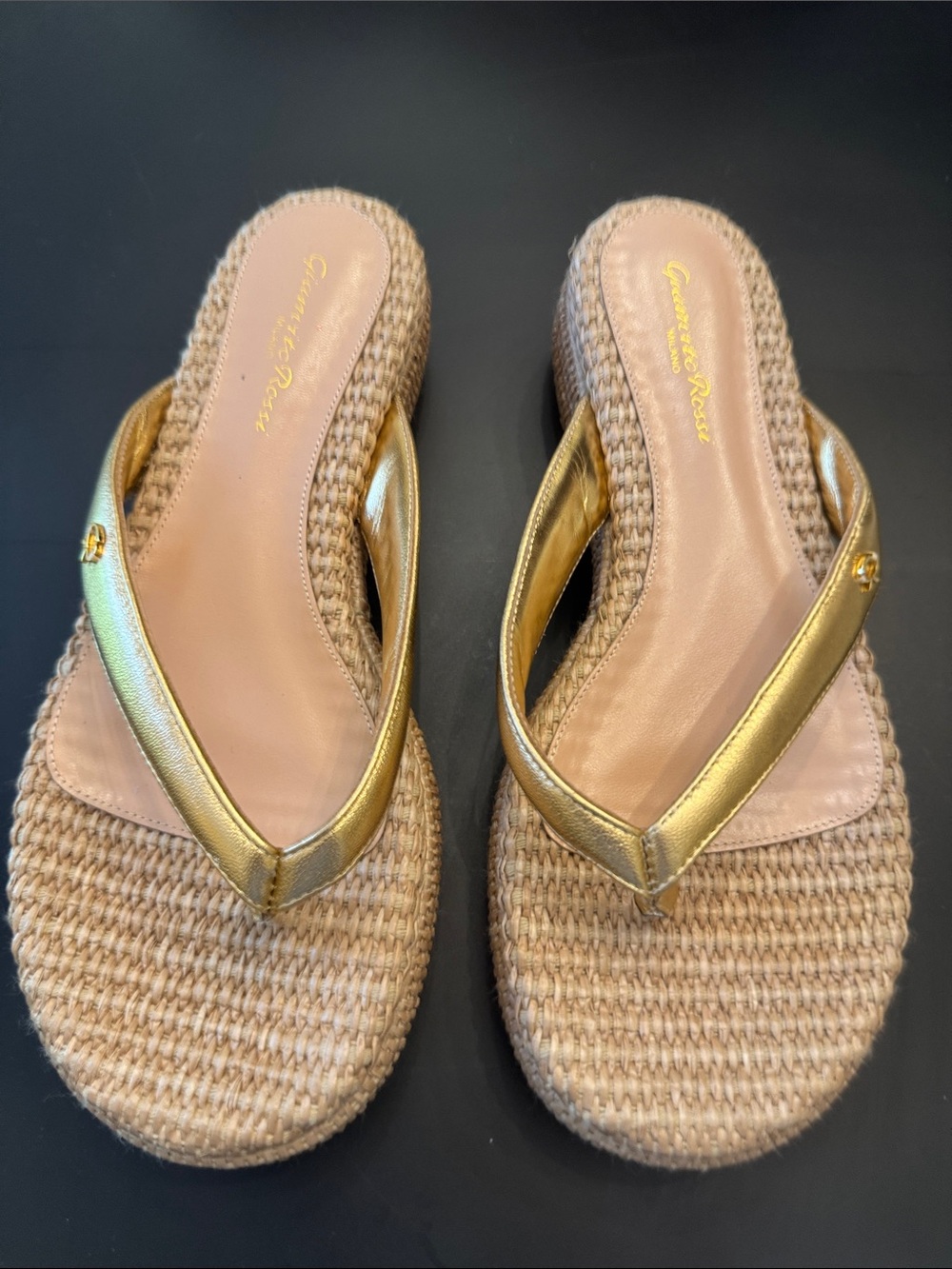 Gianvito Rossi Gold Metallic Strap Woven Tan Platform Sandals